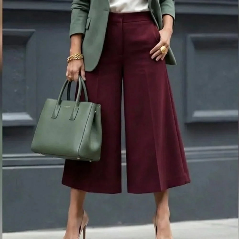 Burgundy Pleated Culottes Pants | Wide-Leg Cropped Trousers, Zip Fly